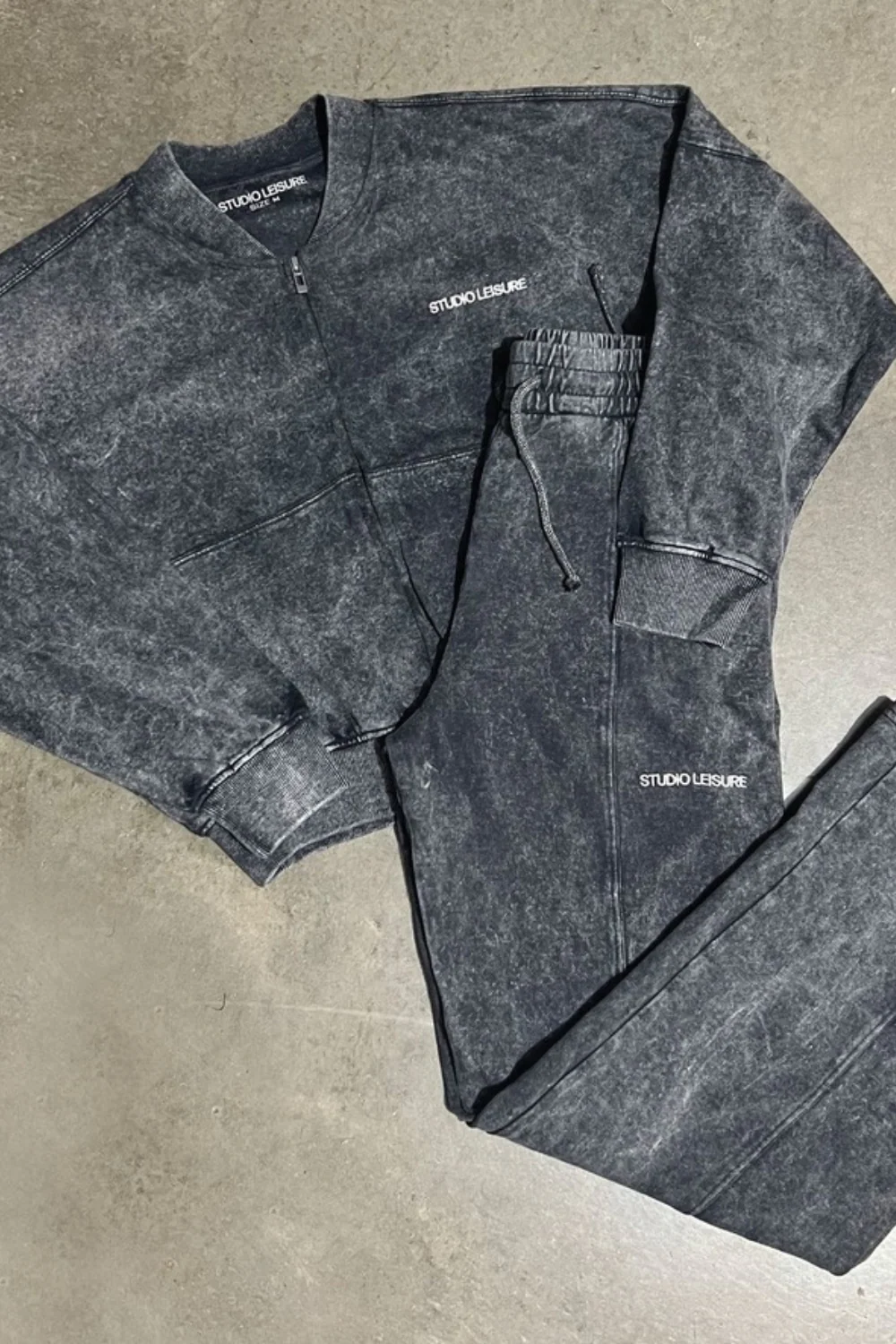 studio leisure embroidered grey acid wash zip up bomber loungewear set - Image 4