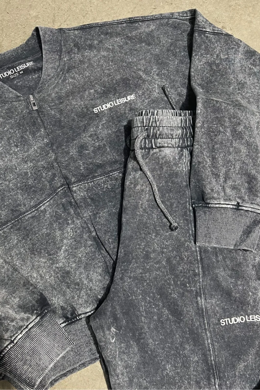 studio leisure embroidered grey acid wash zip up bomber loungewear set - Image 6