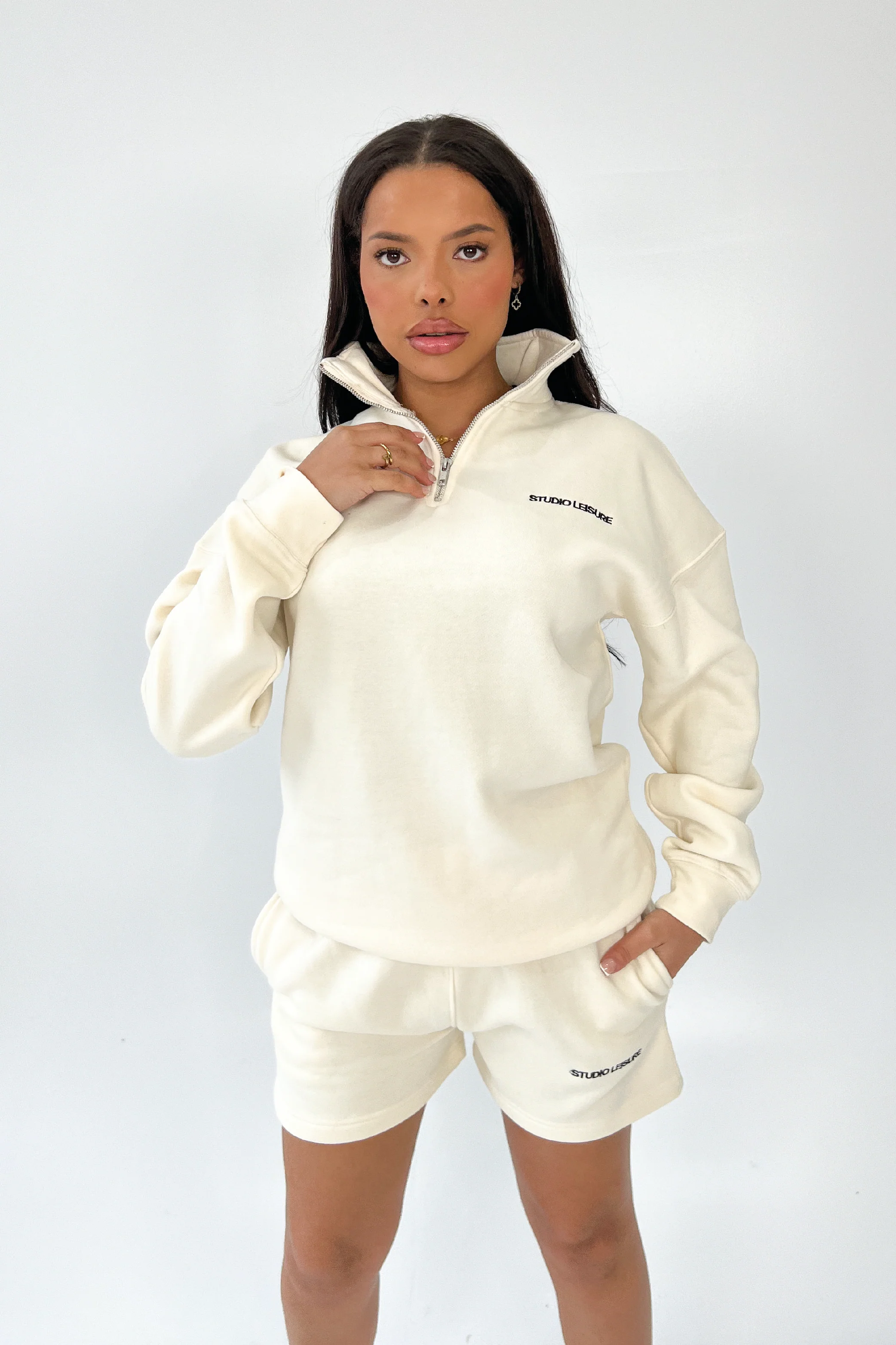 Studio Leisure essential ecru embroidered premium 3/4 zip sweater