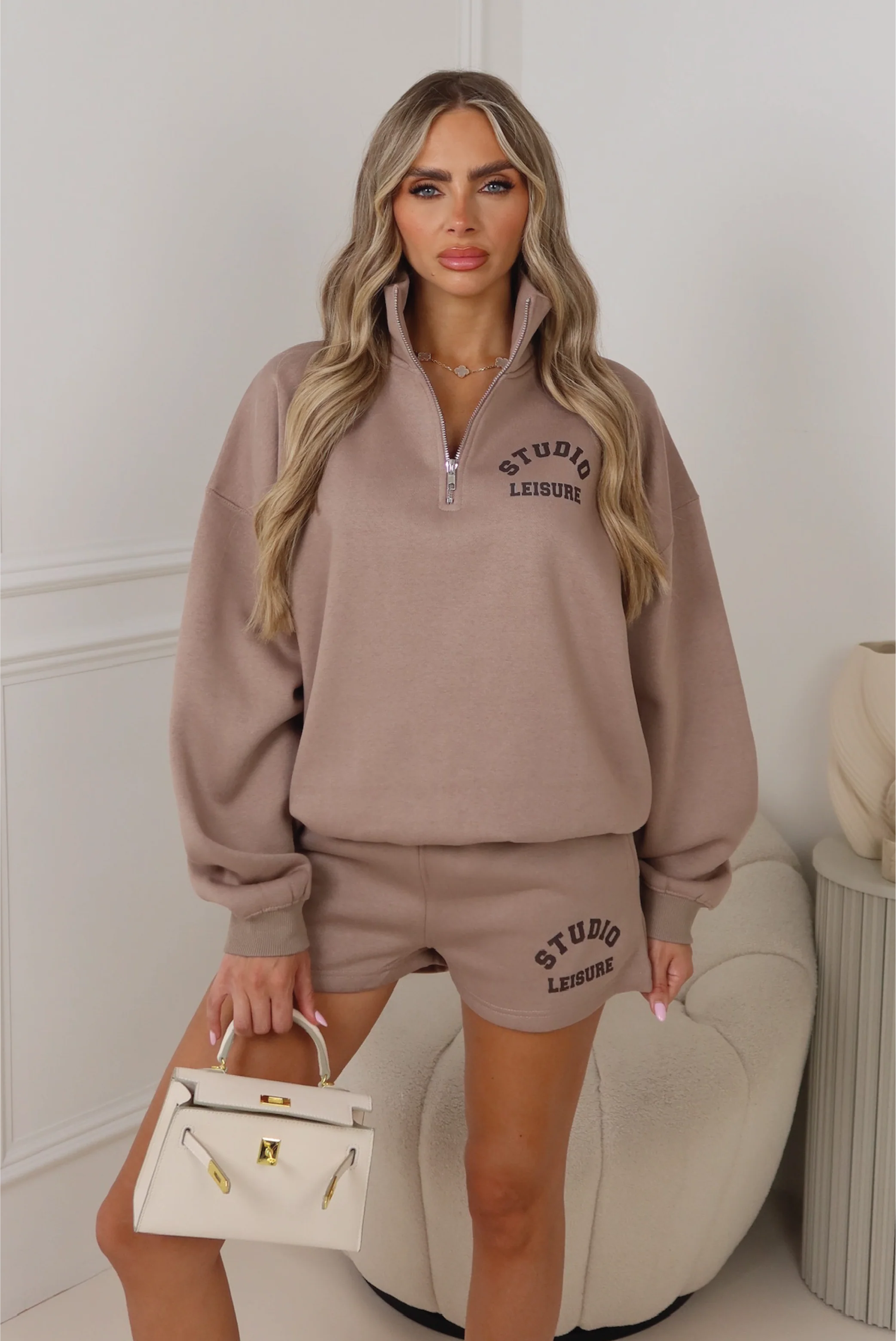 Studio Leisure mocha printed 3/4 zip sweater shorts loungewear - Image 2