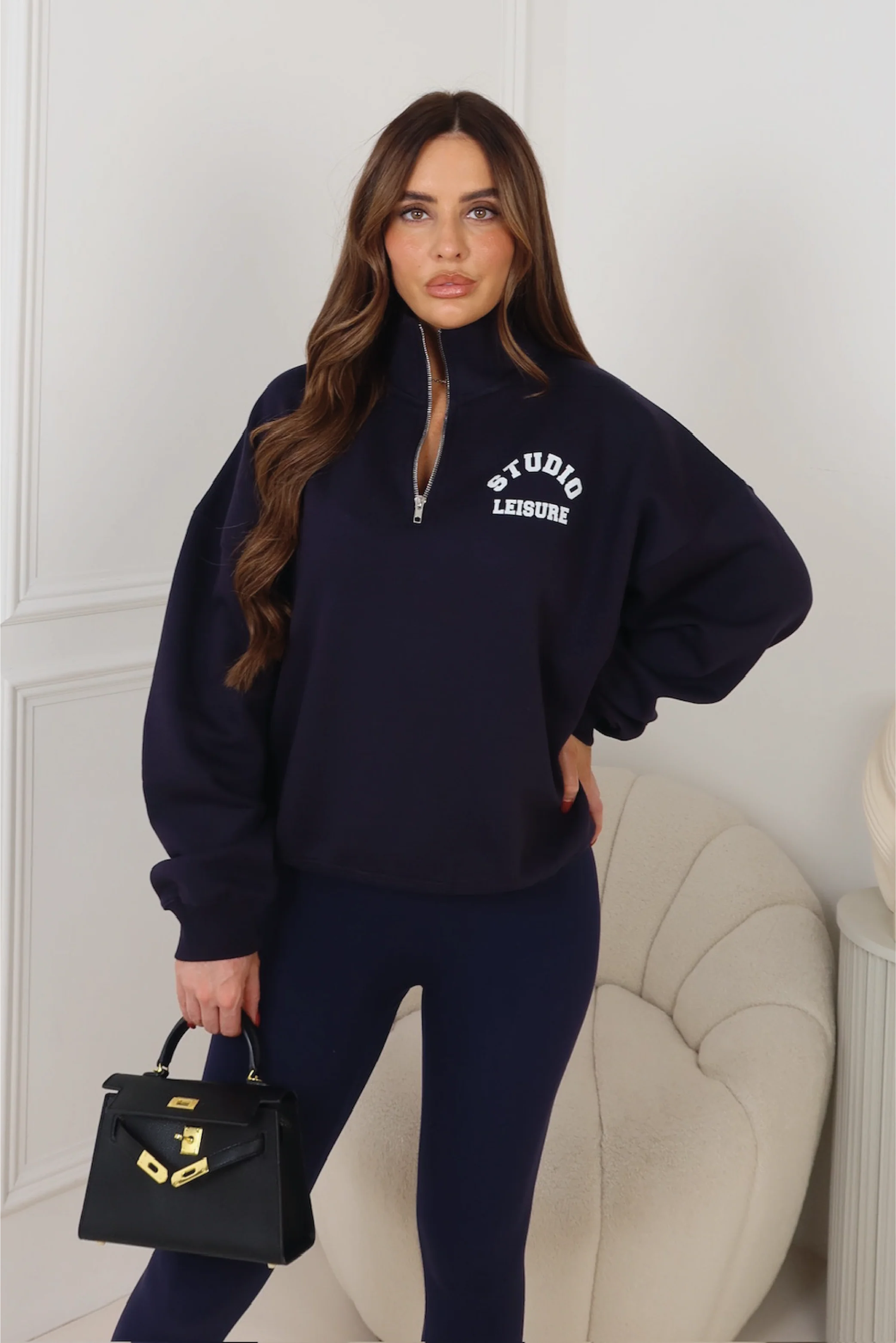 Studio Leisure navy printed 3/4 zip sweater legging set - Image 2