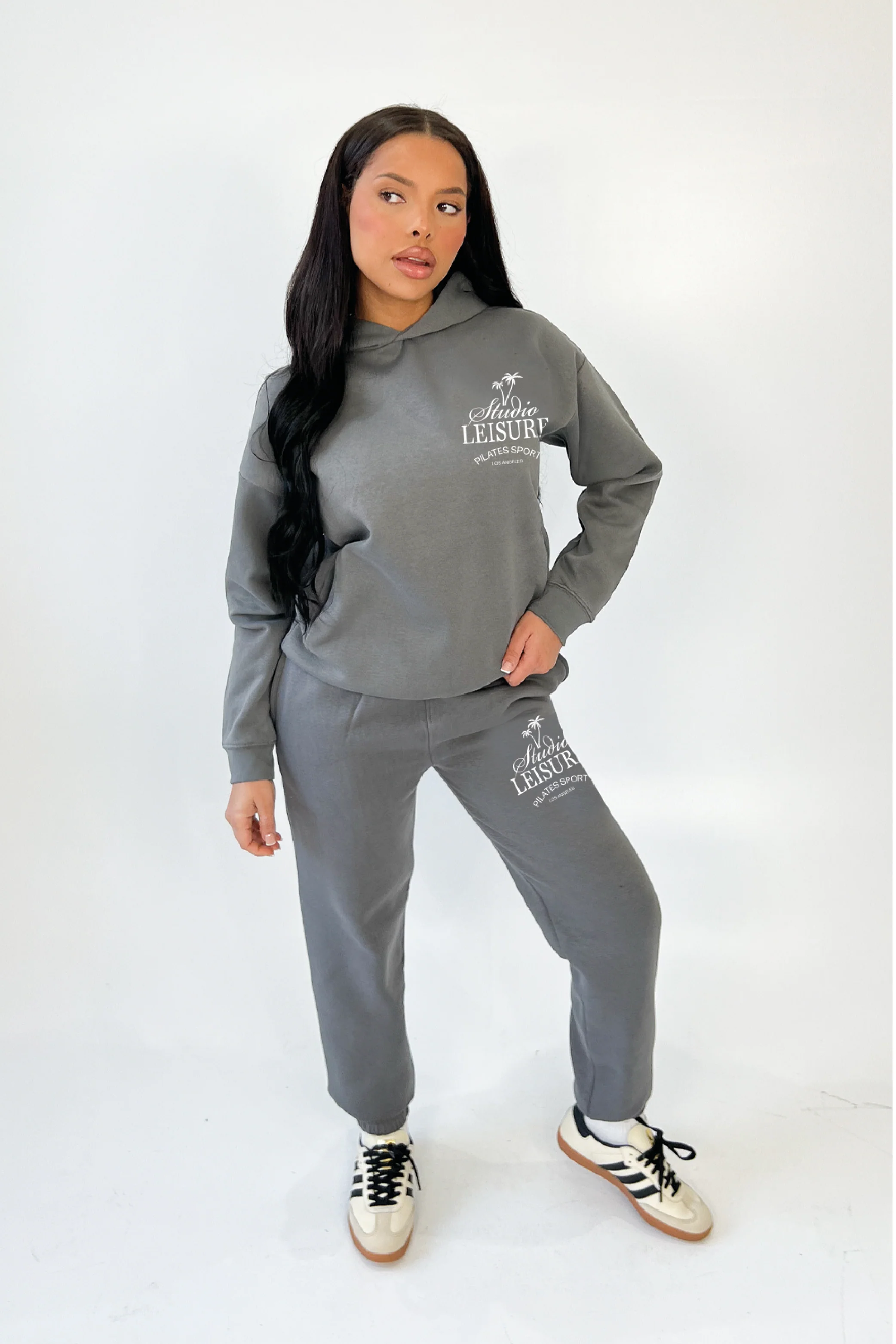 Studio Leisure palm tree steel grey embroidered premium relaxed hoodie