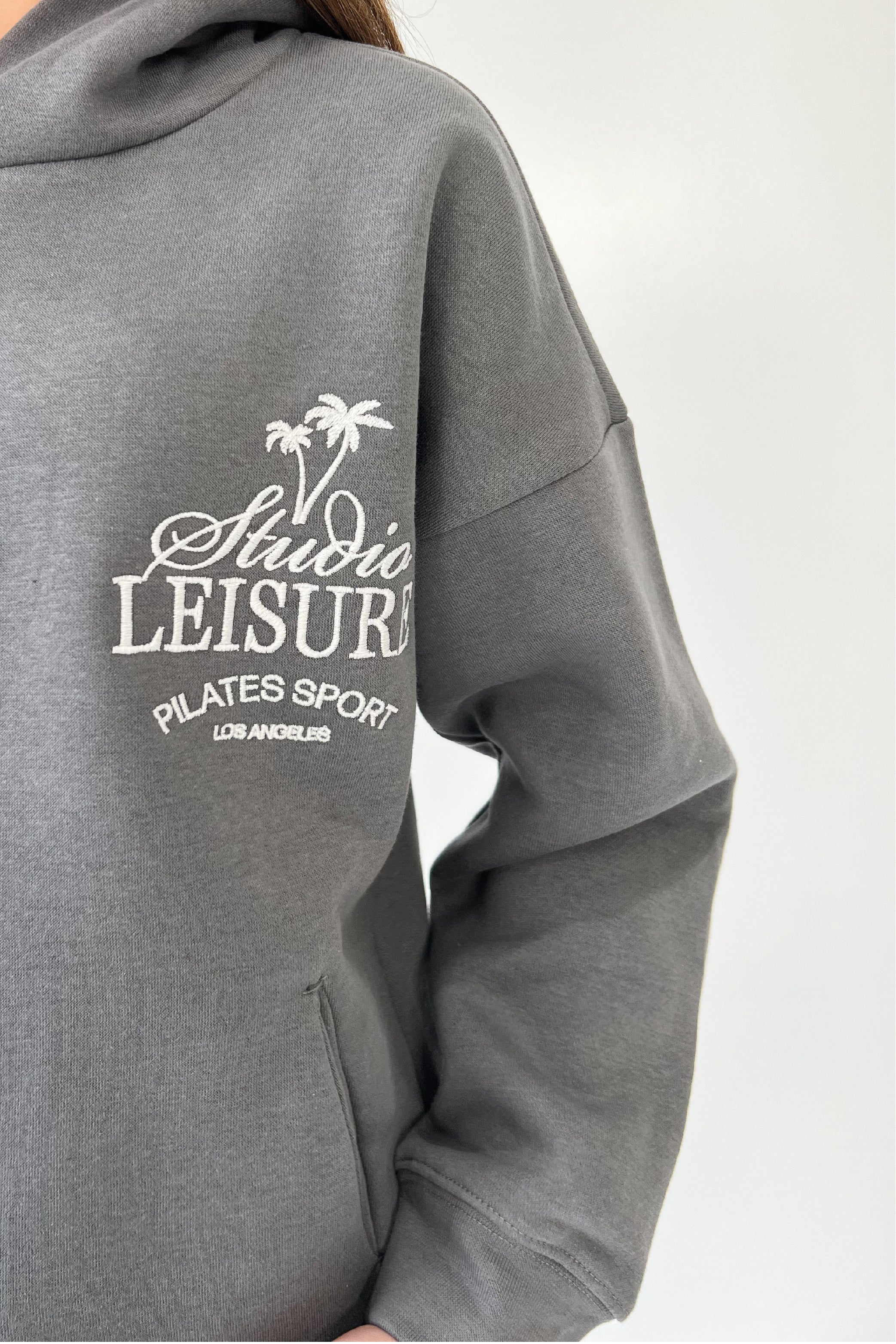 Studio Leisure palm tree steel grey embroidered premium relaxed hoodie - Image 2