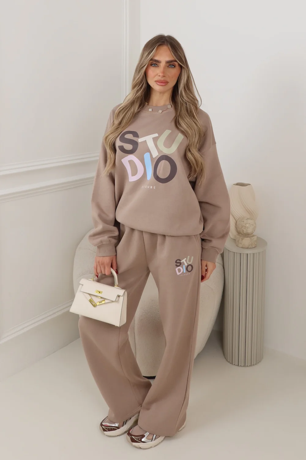 Studio multi colour printed mocha sweater & straight leg jogger set