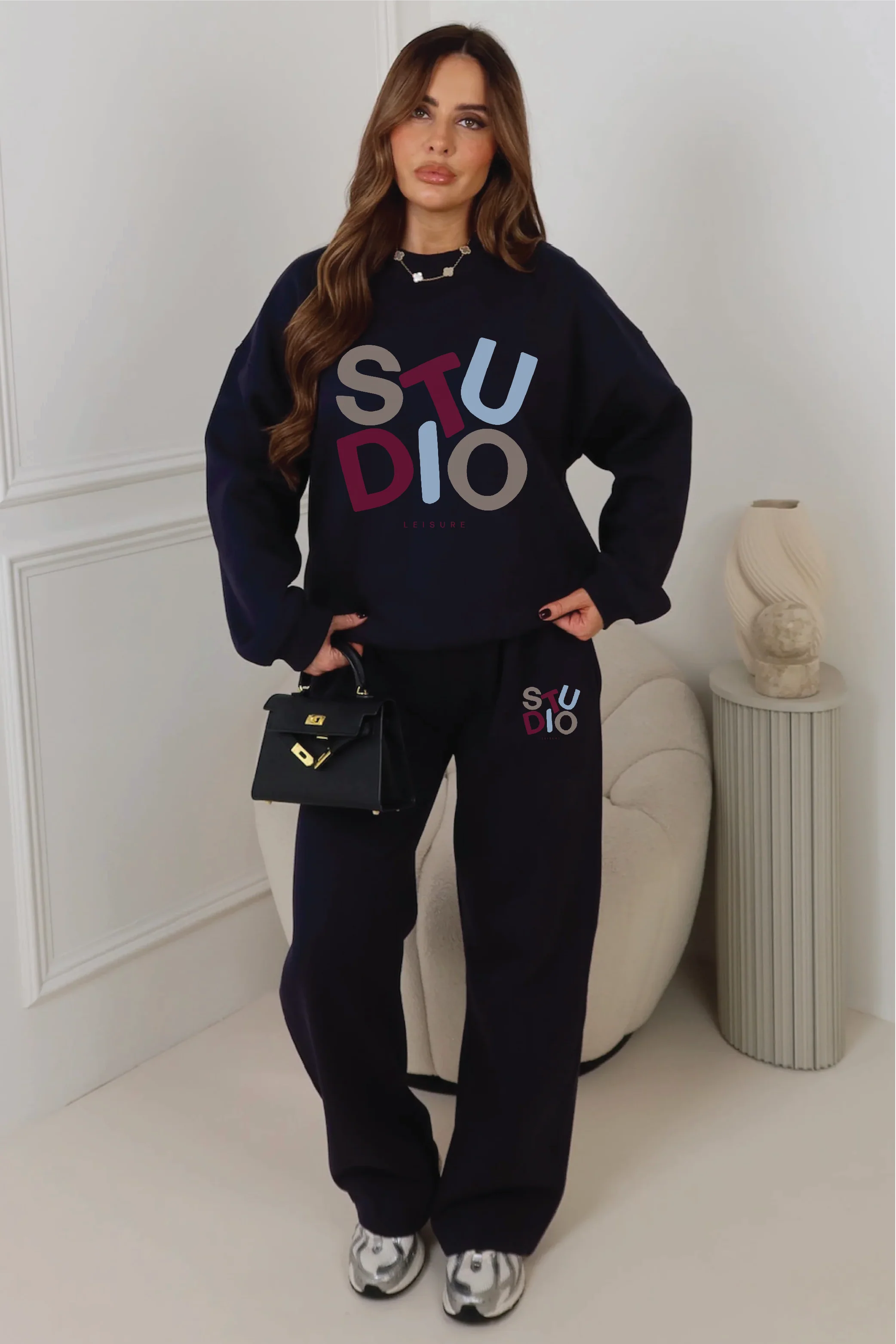 Studio multi colour printed navy sweater & straight leg jogger set - Image 2
