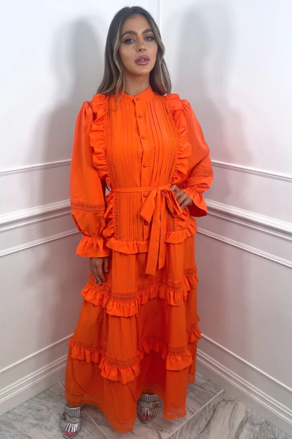 summer orange frill crotchet 2 piece tie waist maxi dress - Image 2