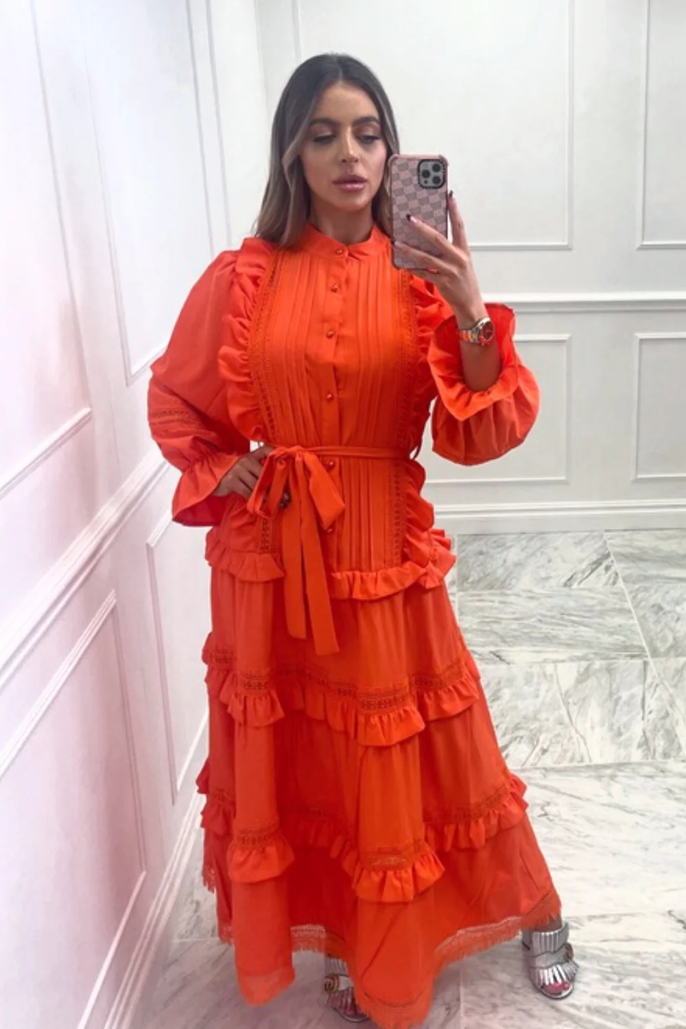 summer orange frill crotchet 2 piece tie waist maxi dress - Image 3