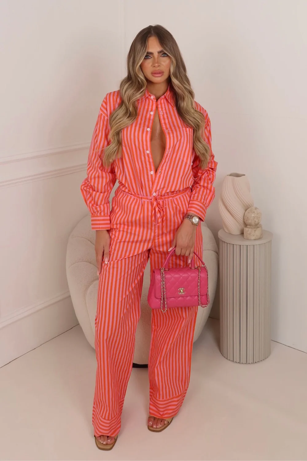 SUMMER PINK AND ORANGE STRIPED SHIRT TROUSER CO ORD TWO PIECE SET - Image 2