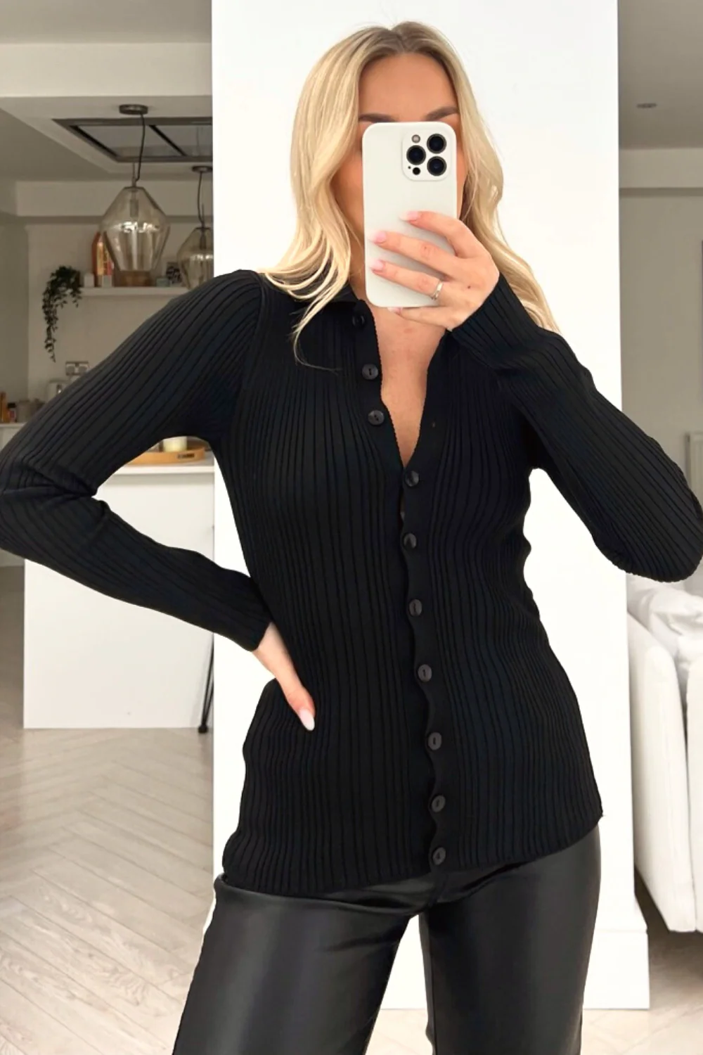 Sydney black button up long sleeve ribbed top - Image 3
