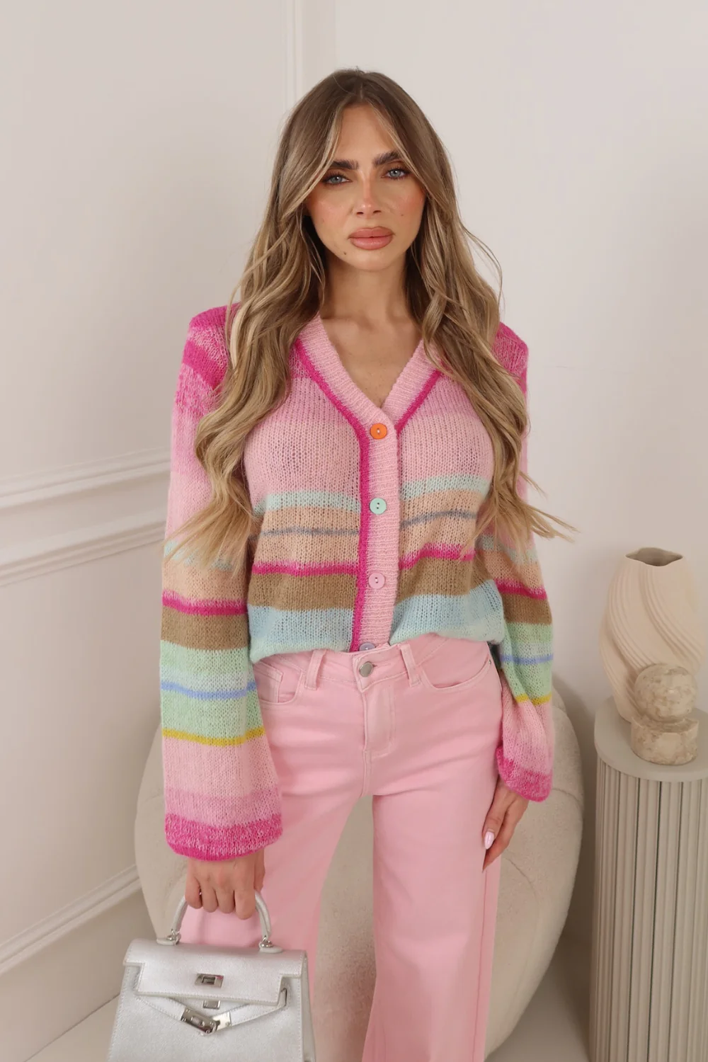 TABITHA MULTI COLOURED KNITTED STRIPPED CARDIGAN