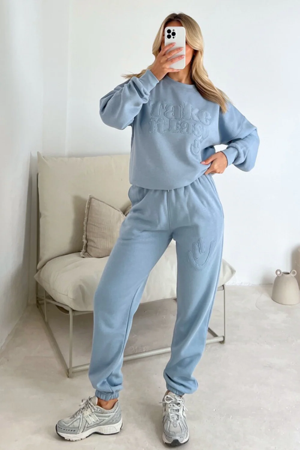 Take it easy baby blue embroidered sweater joggers premium loungewear - Image 2