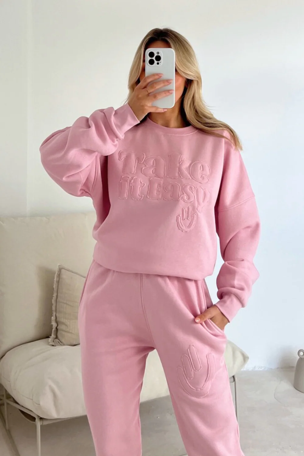 Take it easy baby pink embroidered sweater joggers premium loungewear - Image 2