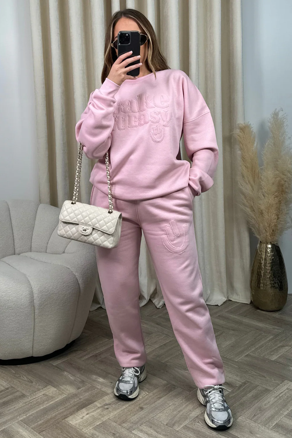 Take it easy baby pink embroidered sweater joggers premium loungewear - Image 4