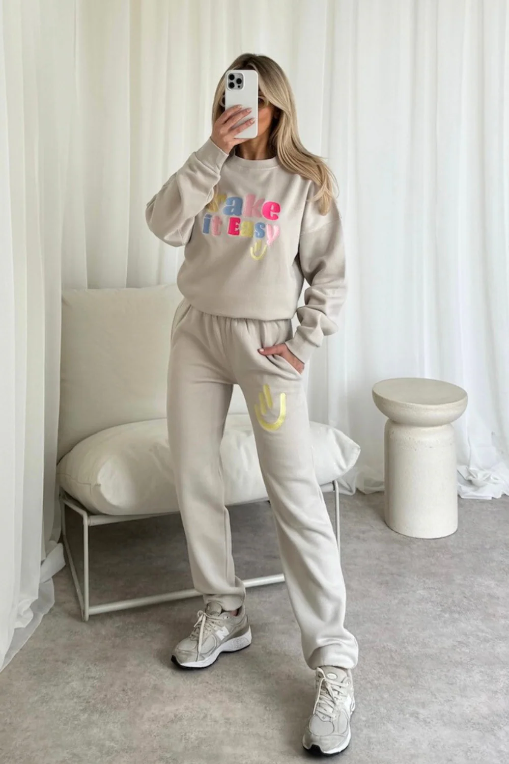 Take it easy bone embroidered sweater joggers loungewear