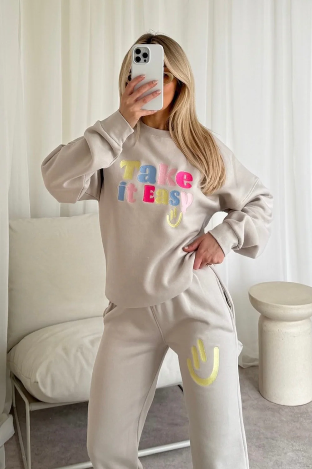 Take it easy bone embroidered sweater joggers loungewear - Image 2