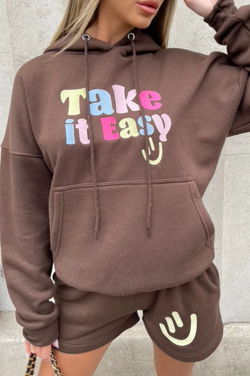 take it easy chocolate embroidered hooded short loungewear set - Image 2