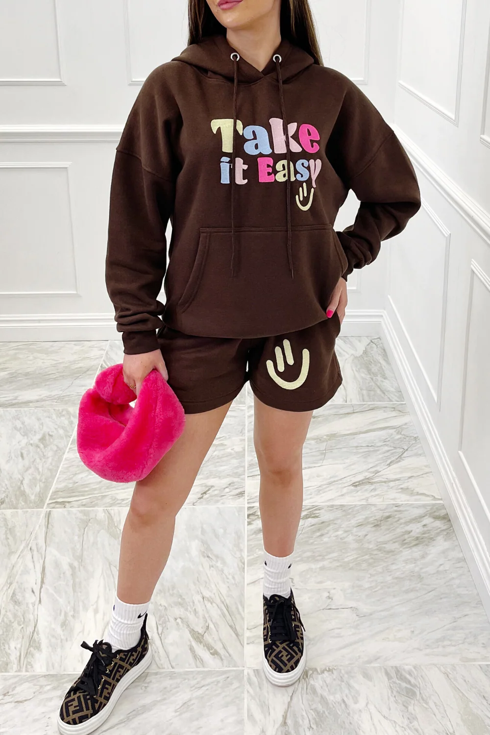 take it easy chocolate embroidered hooded short loungewear set - Image 3