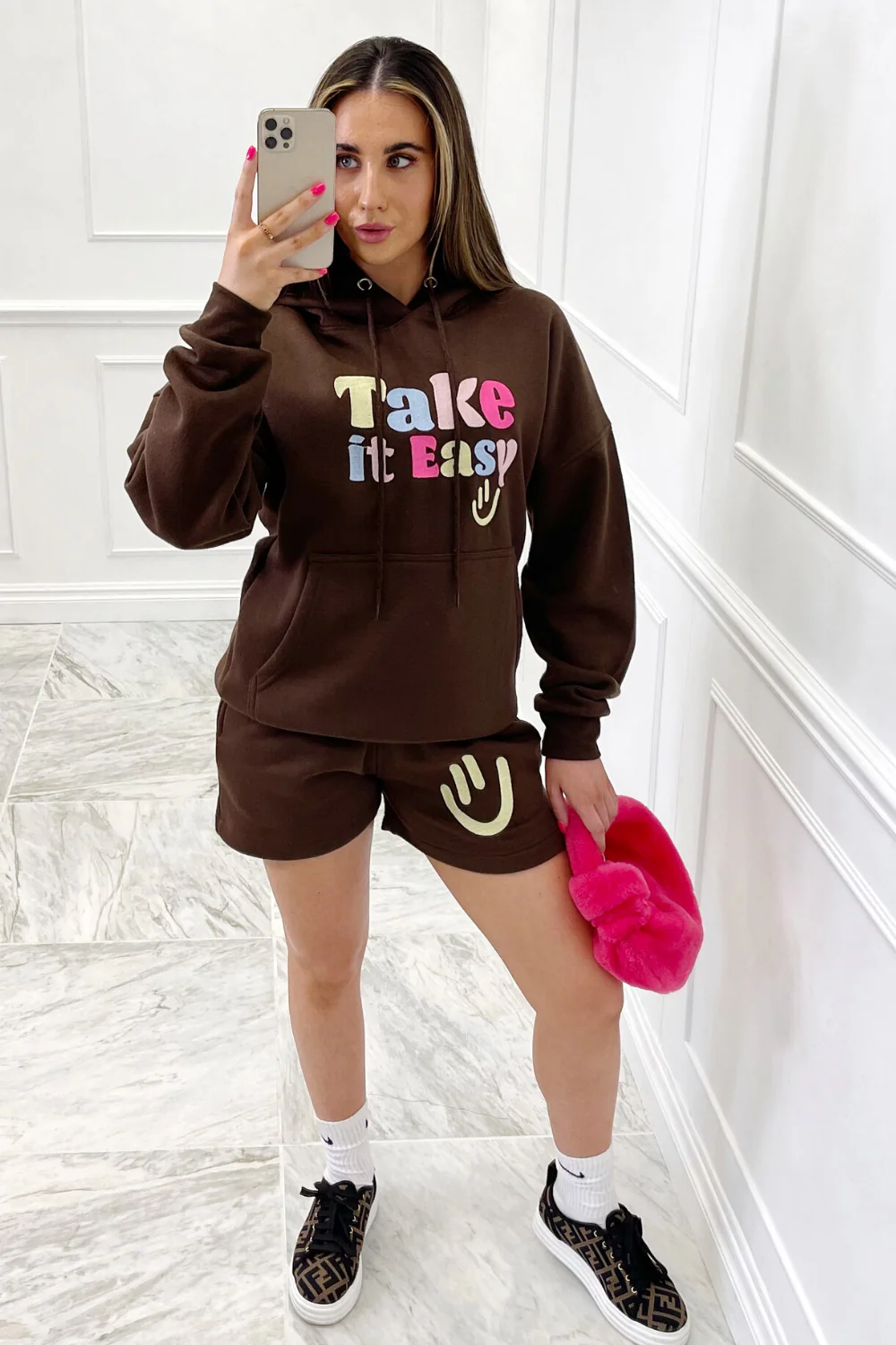 take it easy chocolate embroidered hooded short loungewear set - Image 4