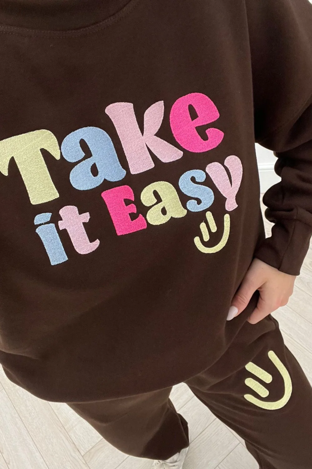take it easy chocolate embroidered sweater loungewear set - Image 2