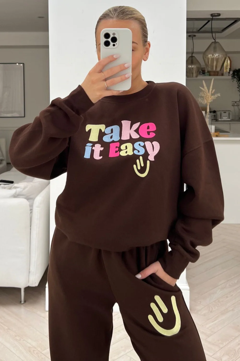 take it easy chocolate embroidered sweater loungewear set - Image 3