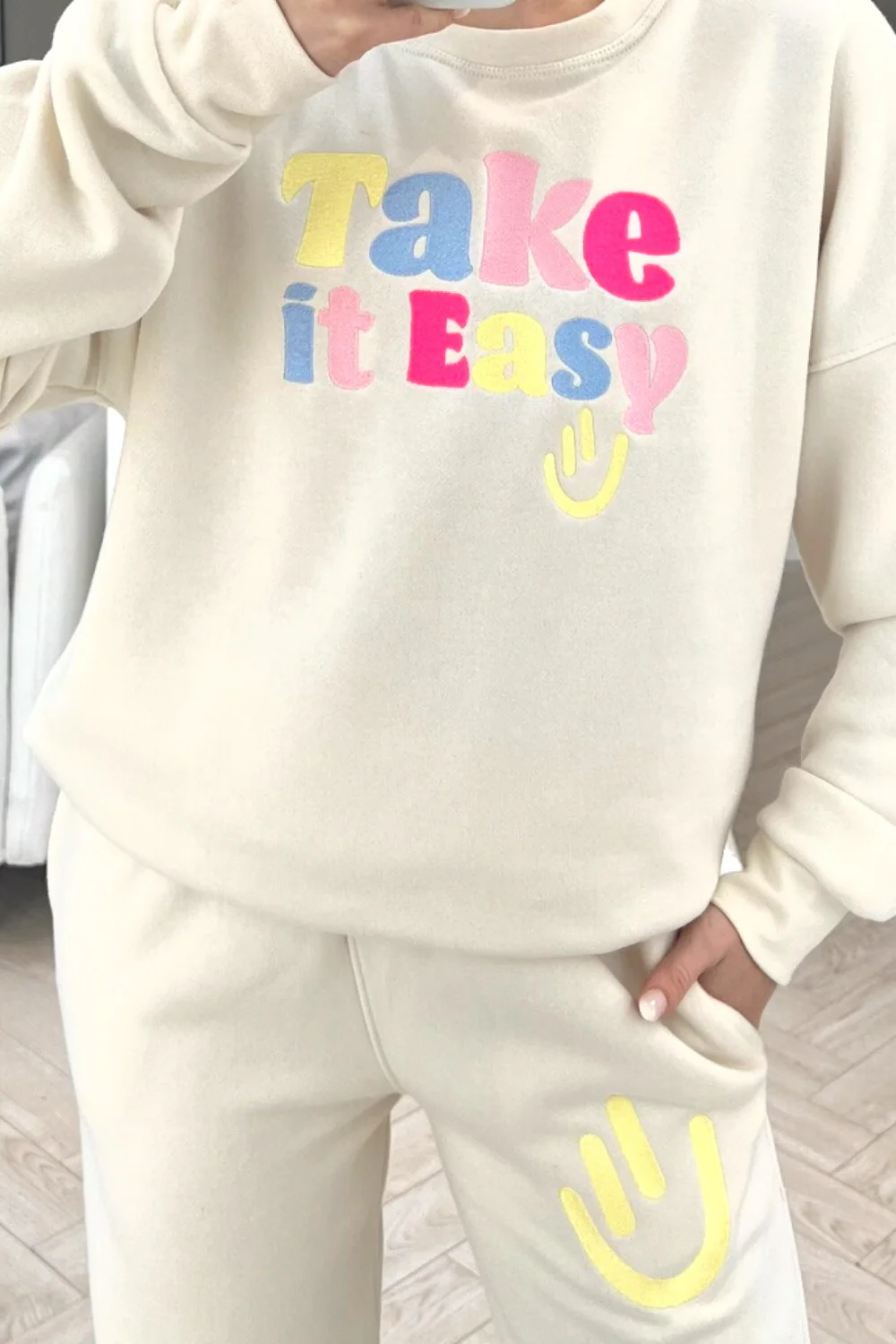 Take it easy ecru embroidered sweater loungewear set - Image 2