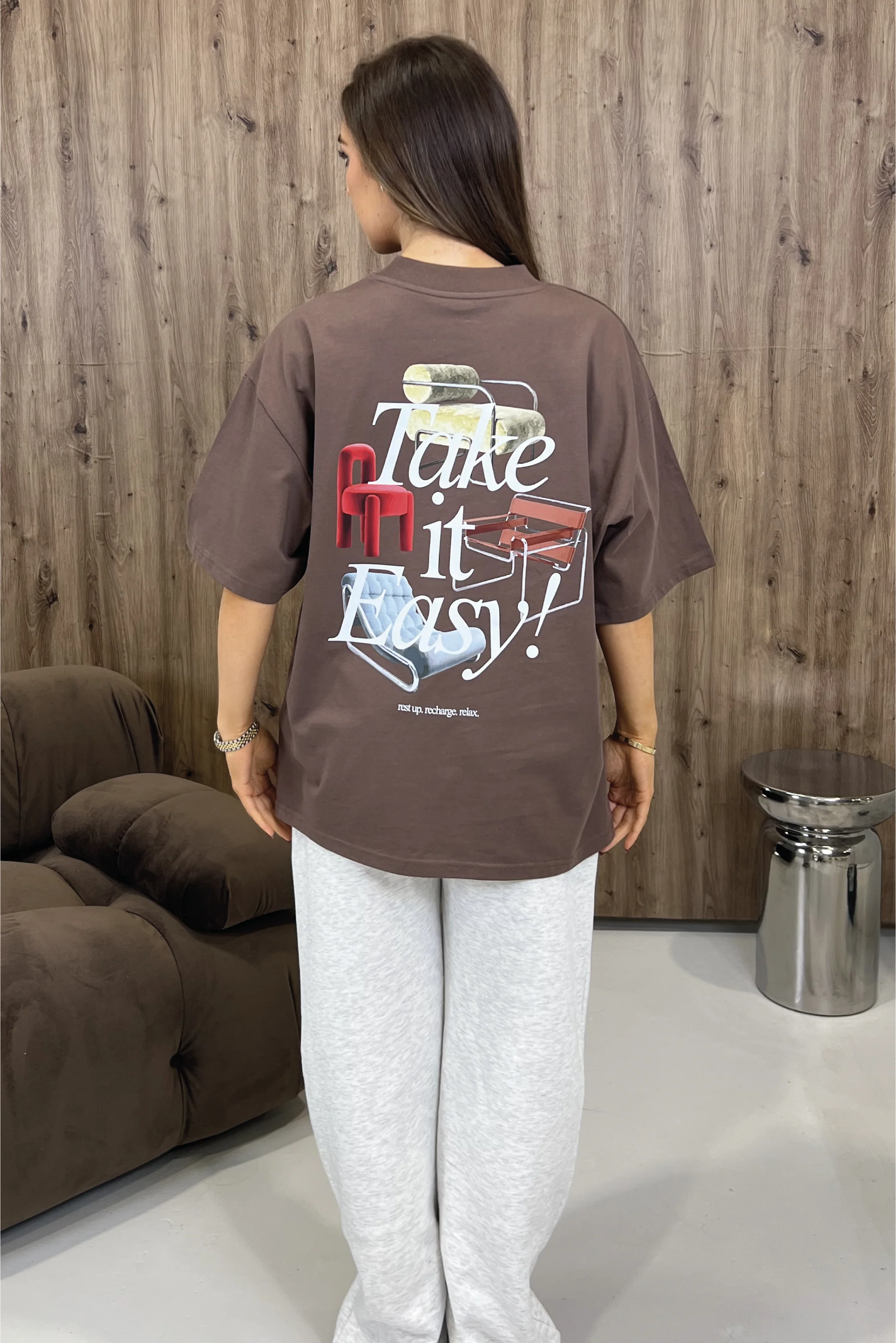 TAKE IT EASY PRINTED MOCHA OVERSIZED TSHIRT - Image 4