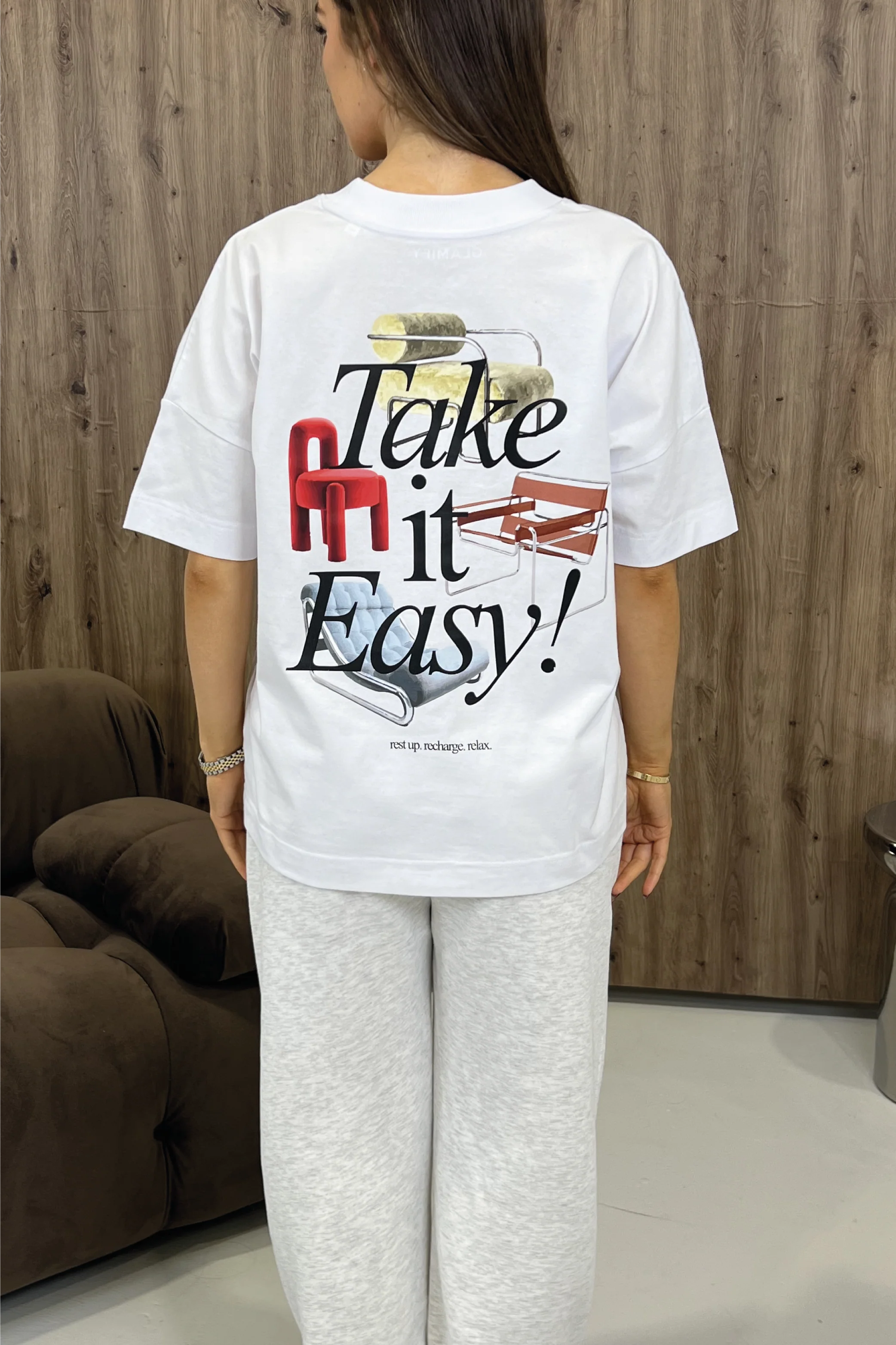 TAKE IT EASY PRINTED WHITE OVERSIZED TSHIRT