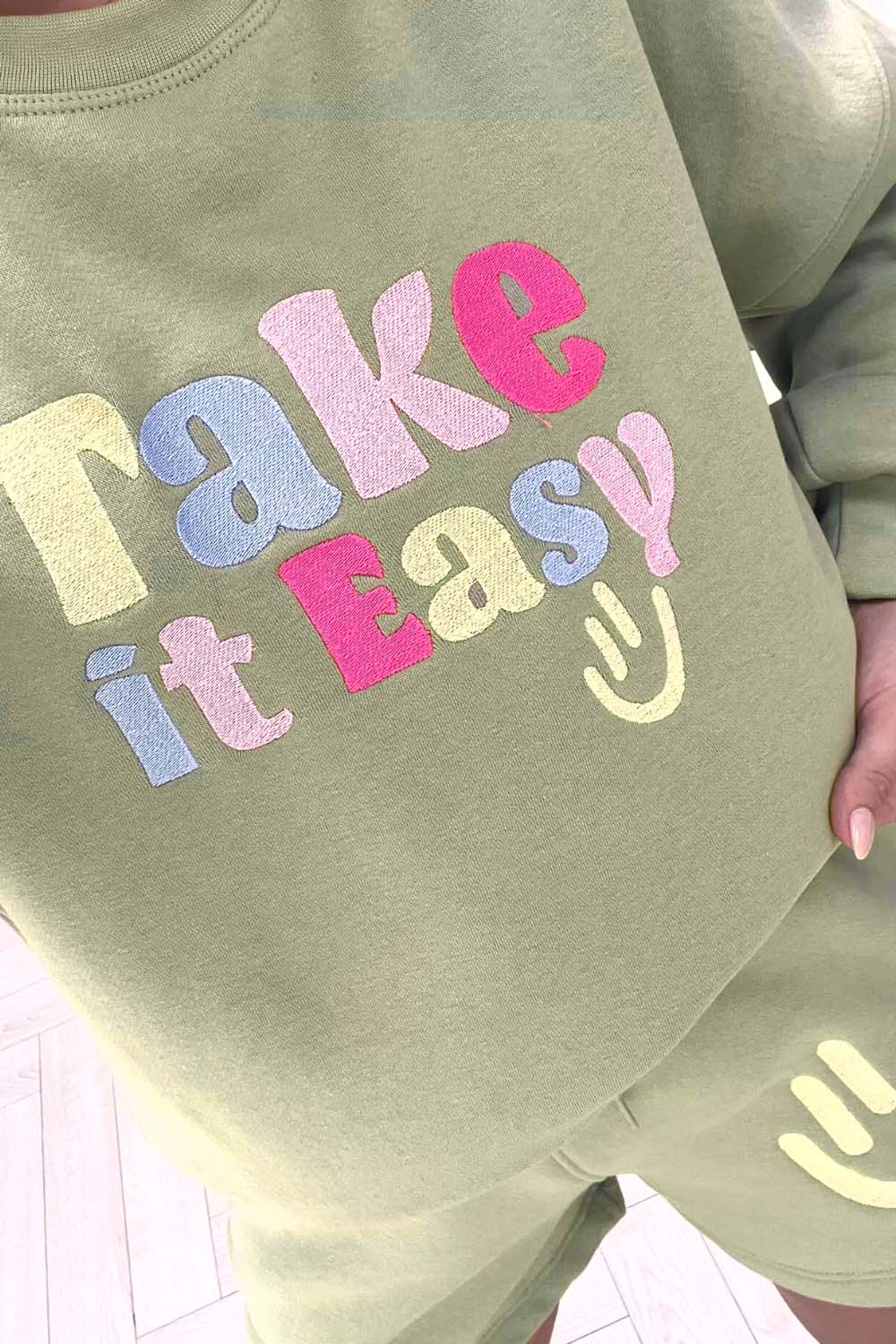 take it easy sage embroidered sweater short loungewear set - Image 2