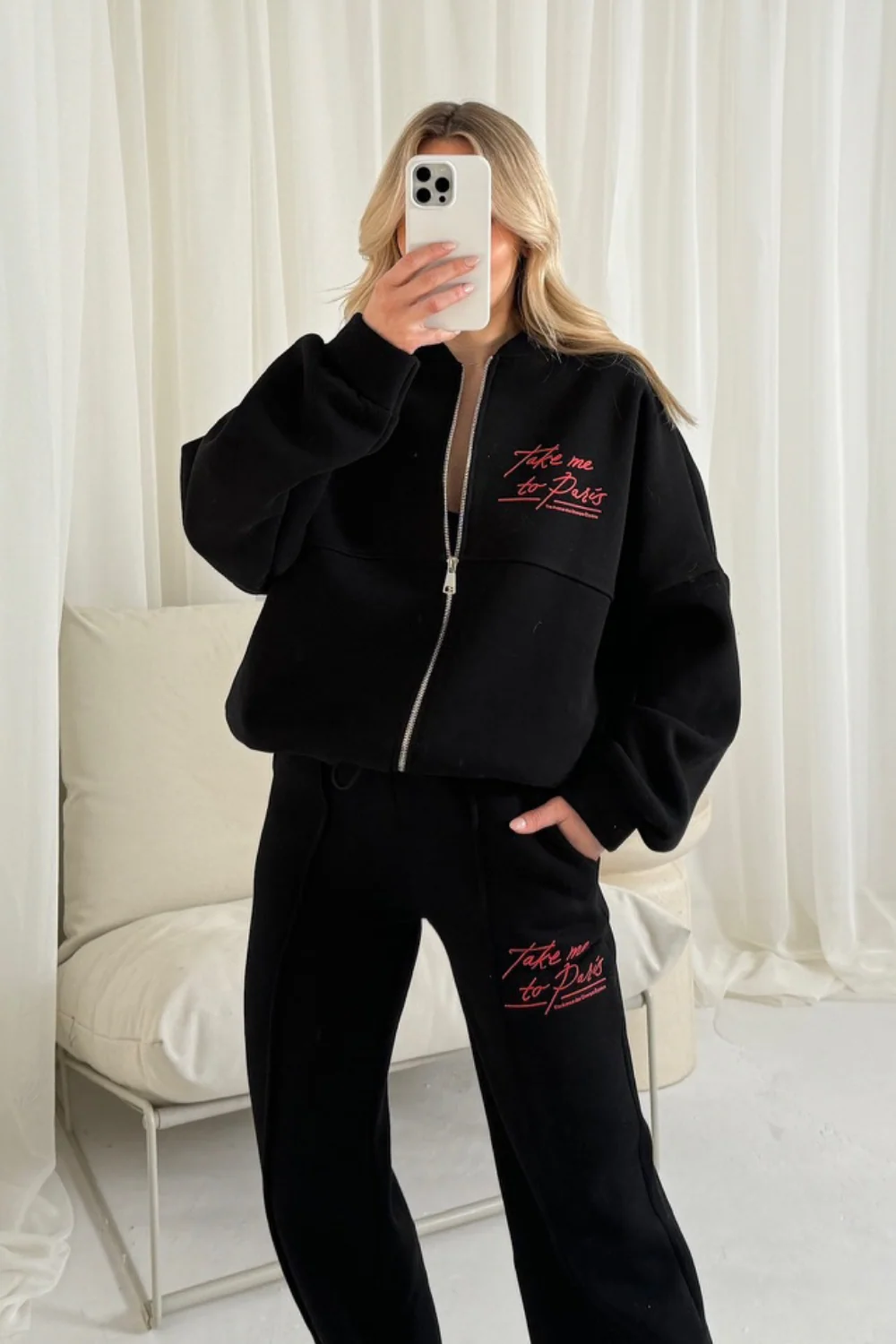 Take me to Paris black printed bomber jacket and straight leg jogger