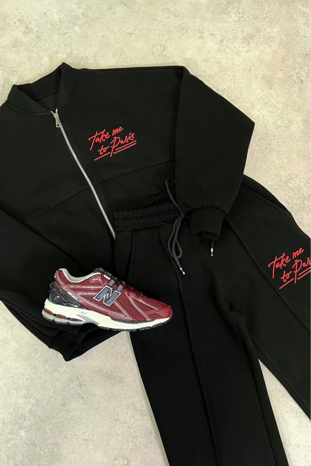Take me to Paris black printed bomber jacket and straight leg jogger - Image 4