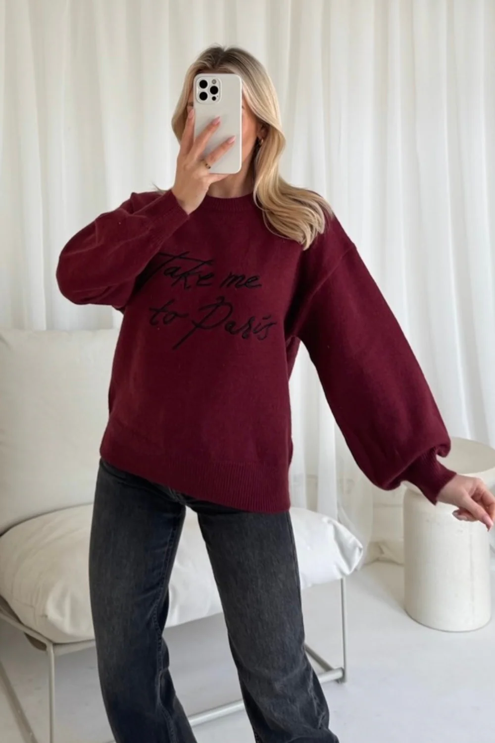 Take me to paris burgundy knit sweater - Image 2