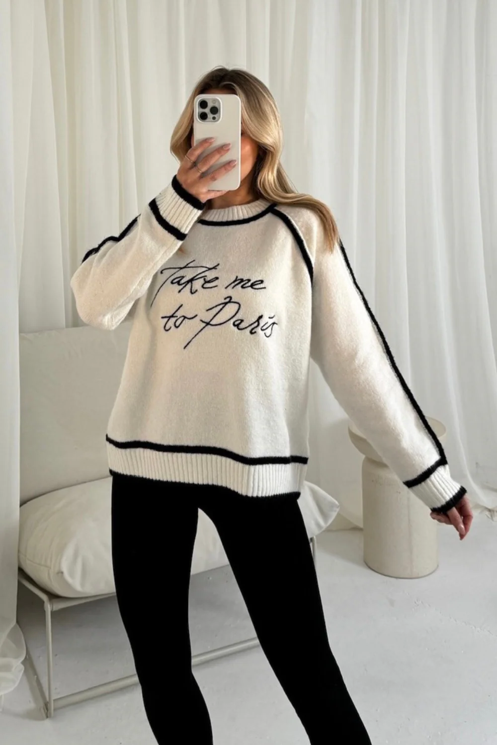 Take me to Paris white embroidered contrast trim knit sweater - Image 2