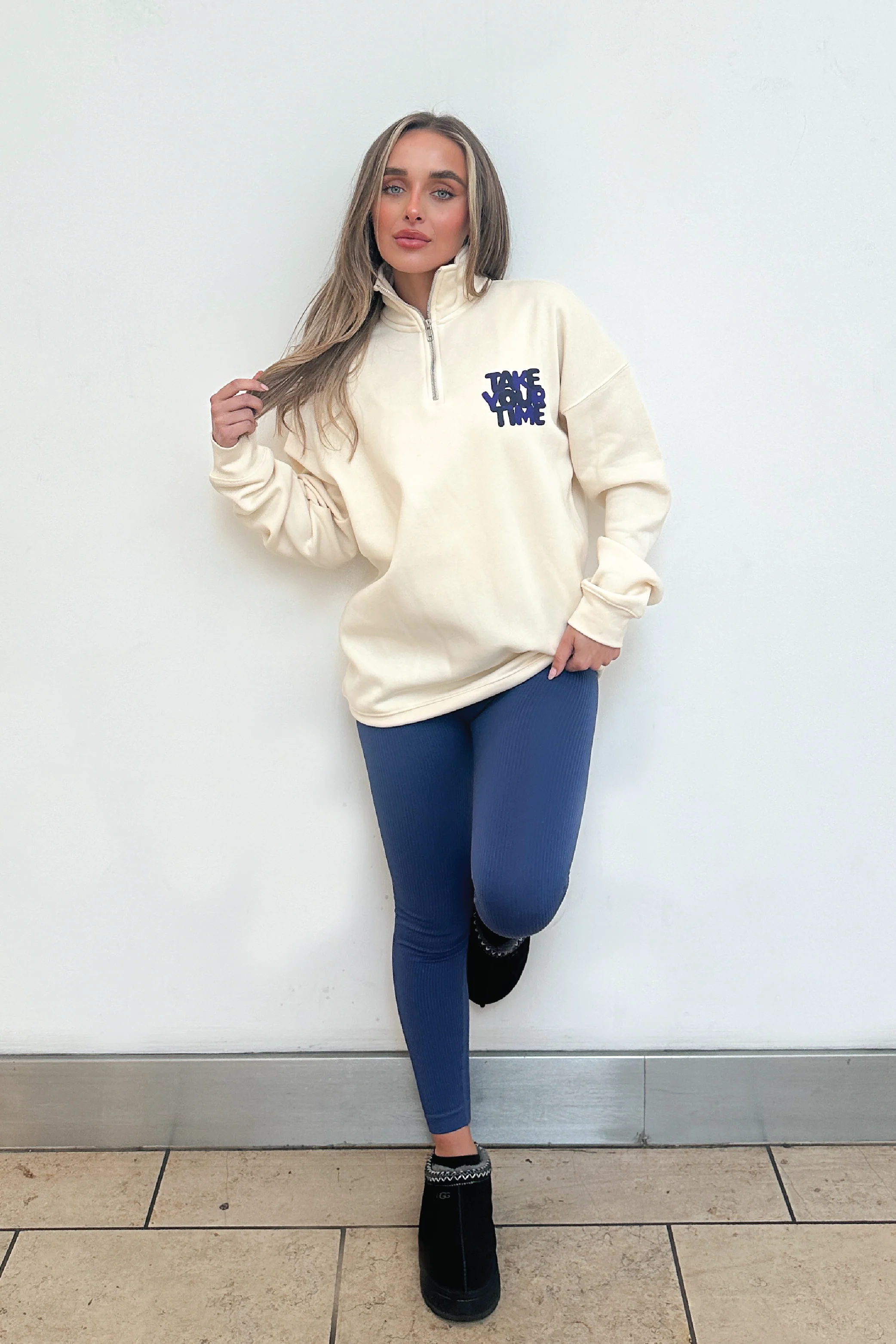 Take Your Time Ecru & Blue printed 3/4 sweater and legging set - Image 2
