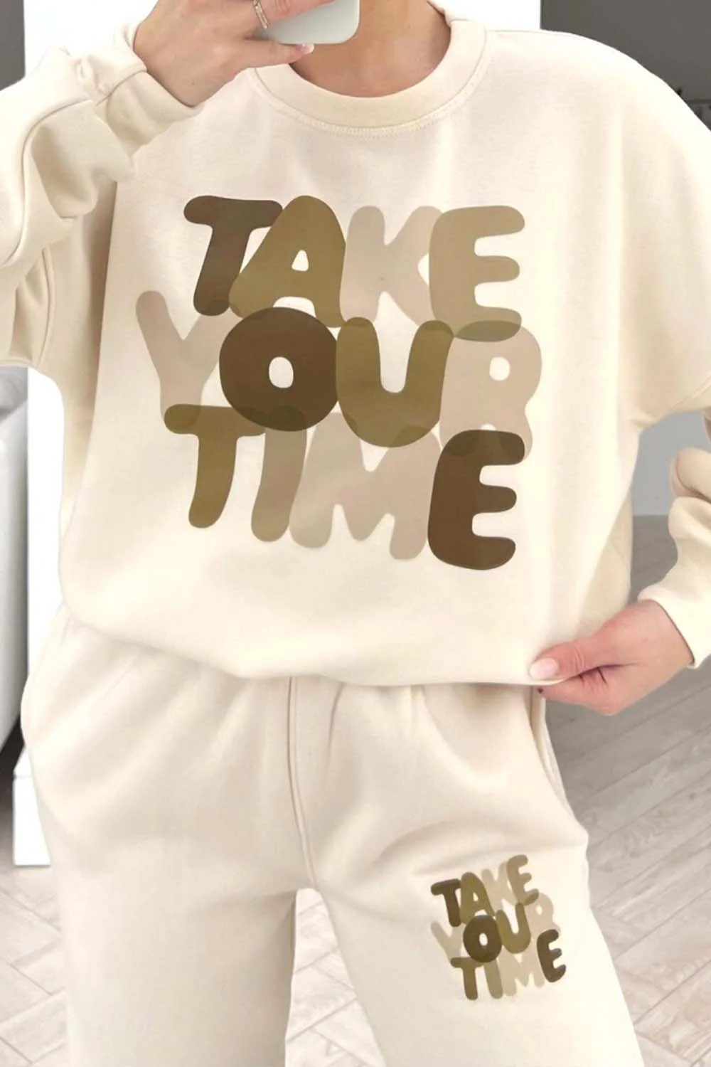 Take your time ecru printed sweater loungewear set - Image 2