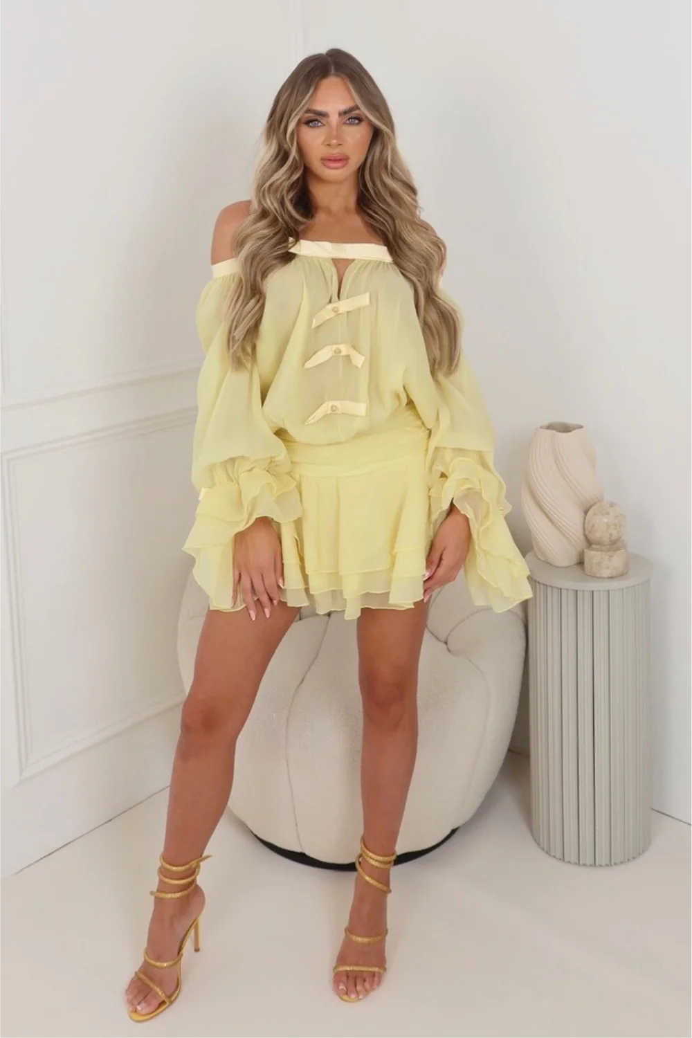 Talia lemon bardot bow chiffon mini dress - Image 2
