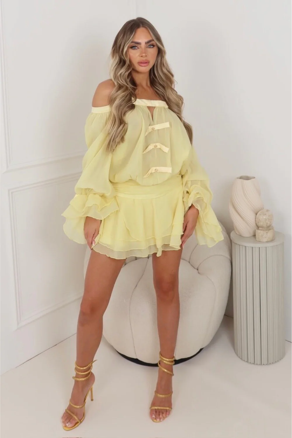 Talia lemon bardot bow chiffon mini dress - Image 3
