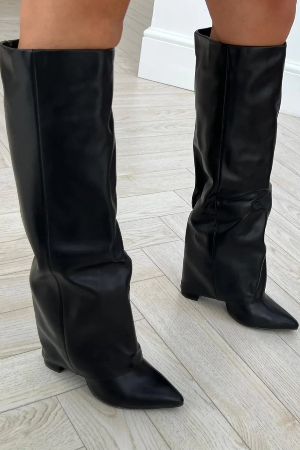 Tammy black knee high fold over heel boot - Image 4