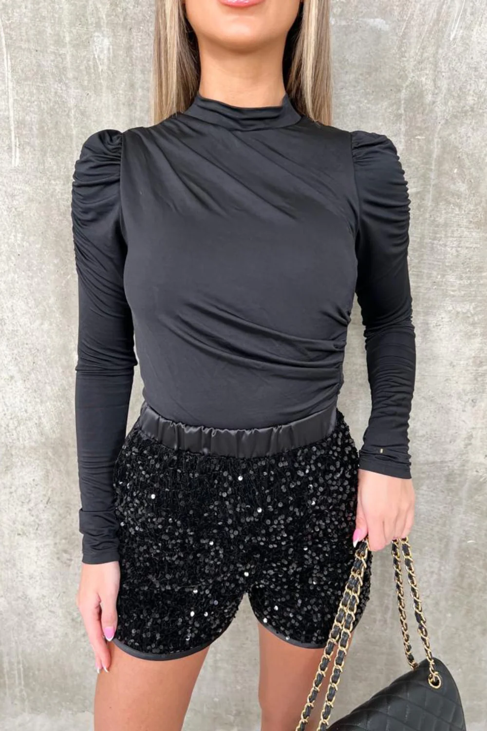Tanisha Satin Velor black Sequin Shorts - Image 3