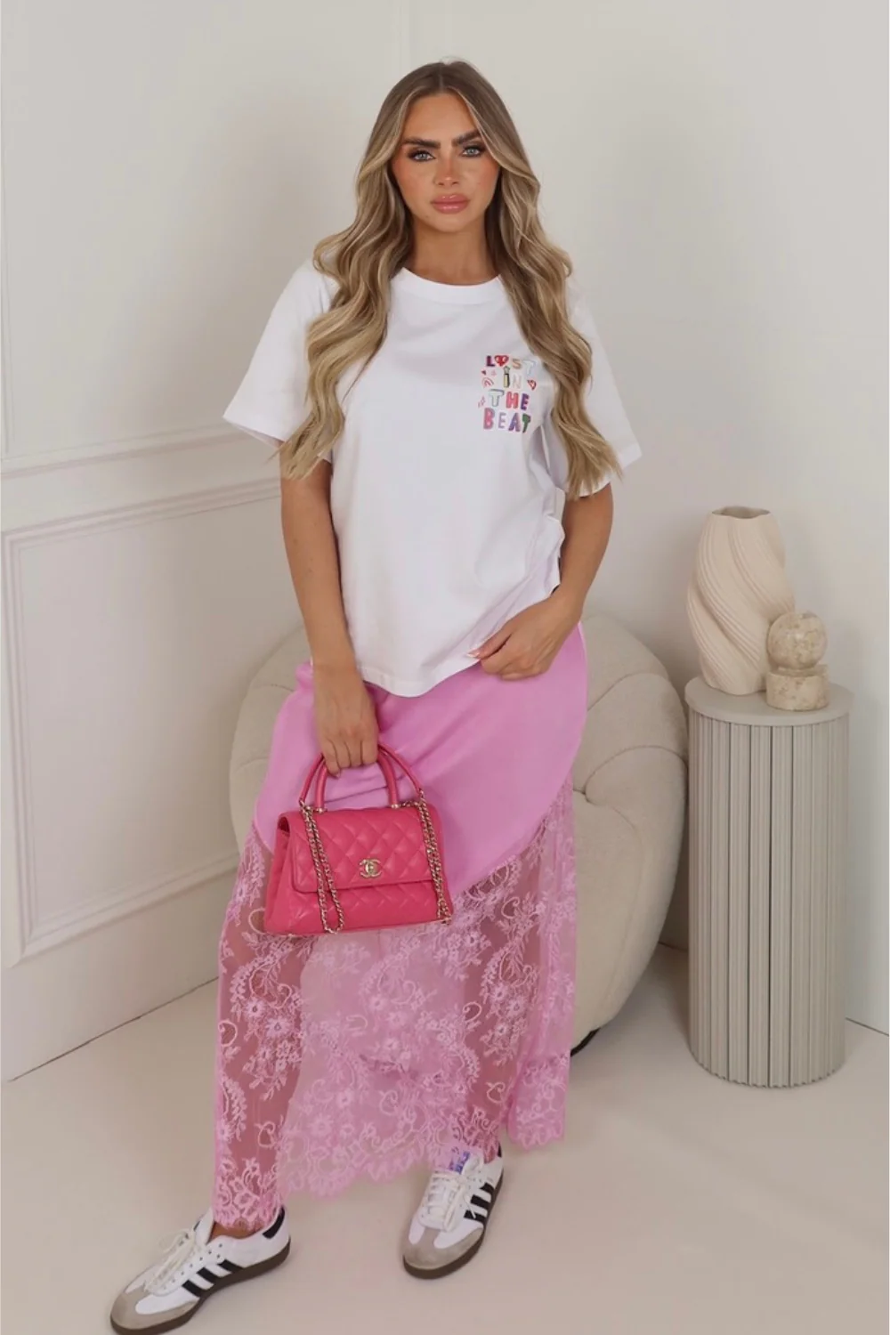 Taylor bright pink satin lace maxi skirt - Image 2