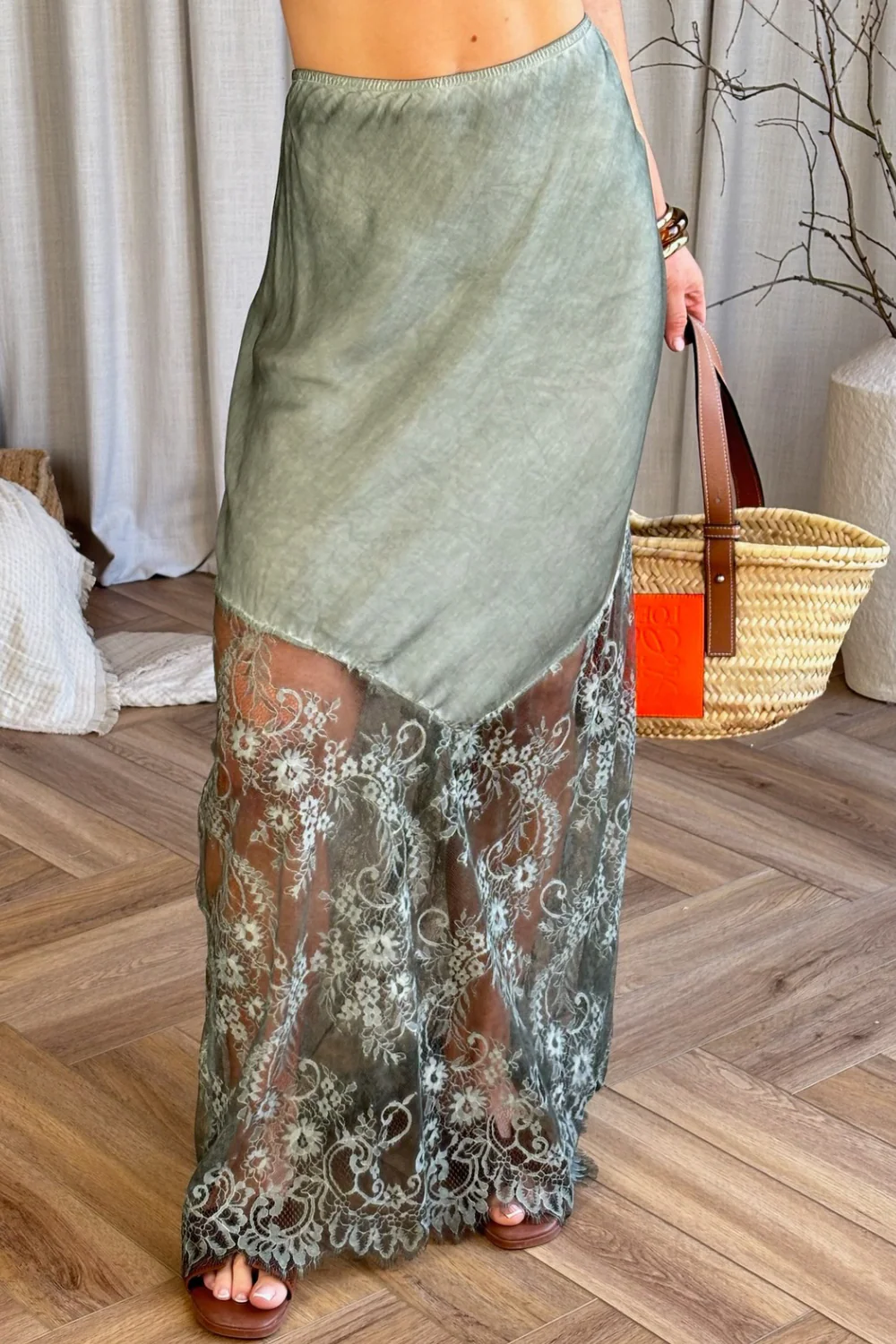 Taylor khaki satin lace maxi skirt - Image 3