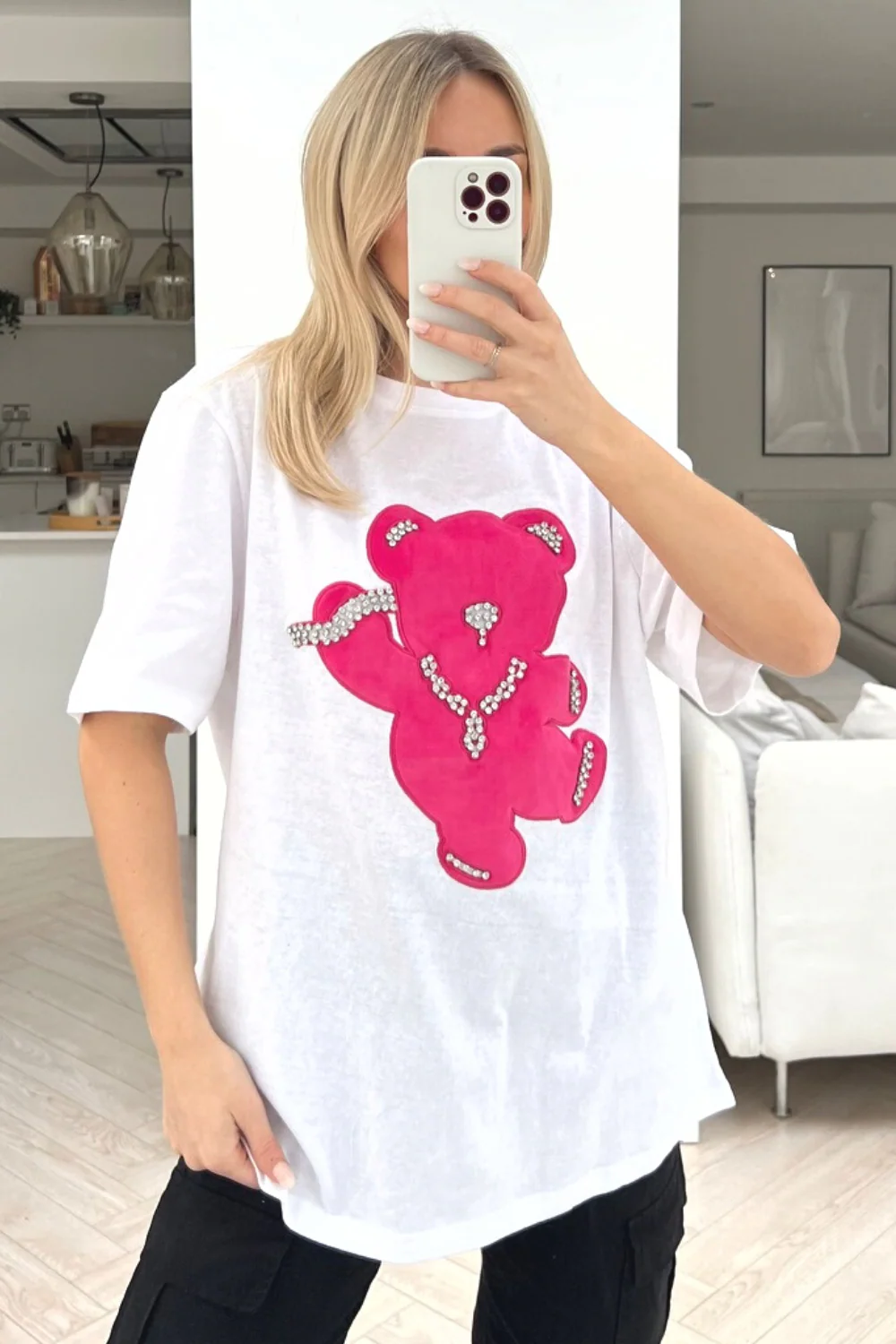 Teddy white & pink diamante oversized tee - Image 3