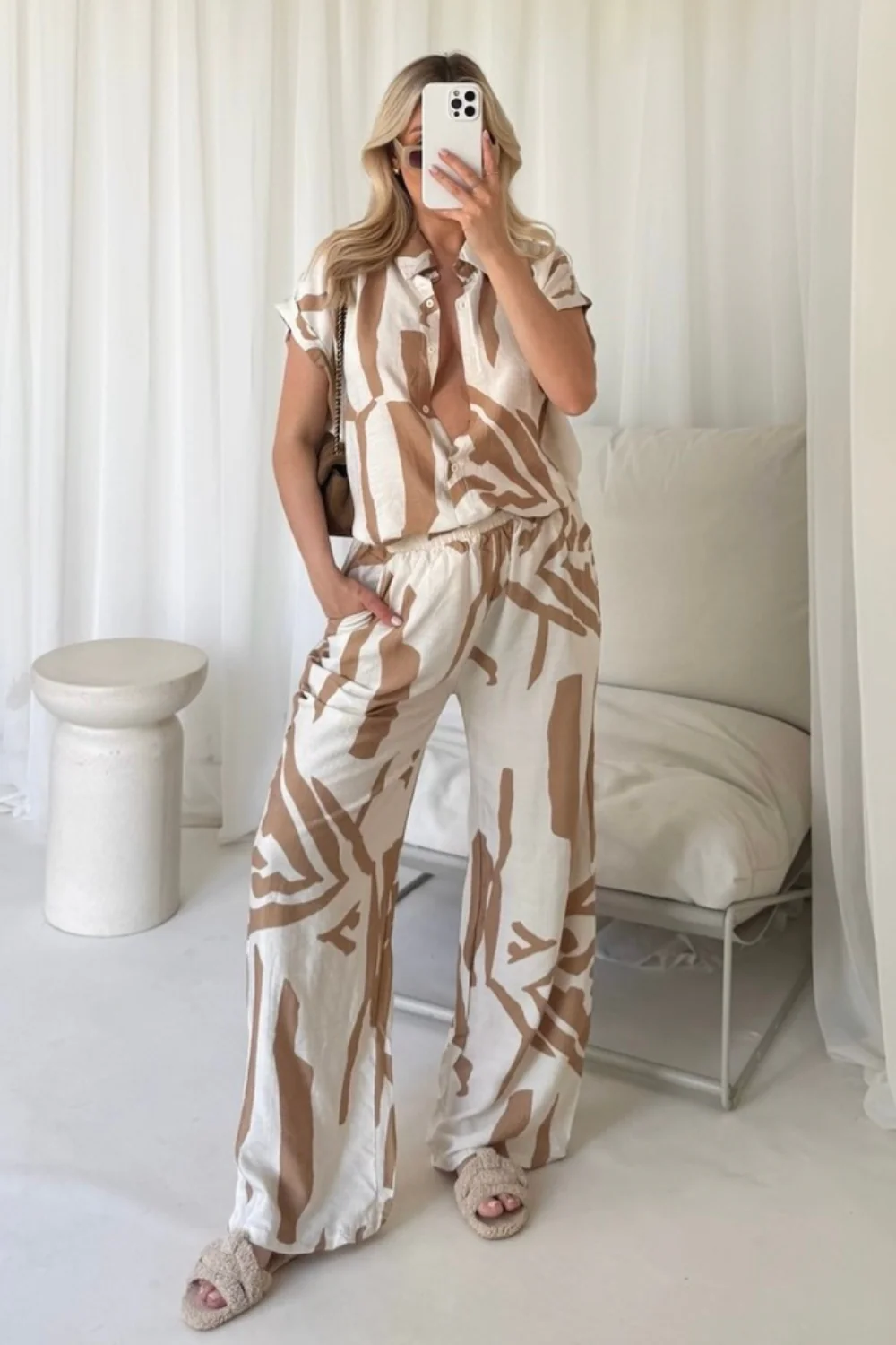 Teresa cream & beige patterned shirt & trousers co ord