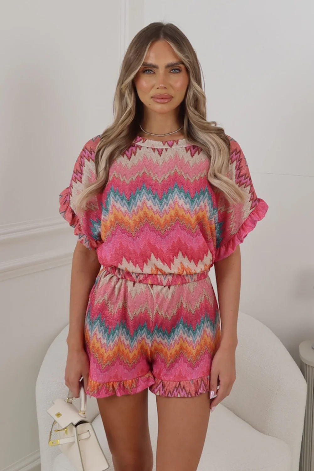 THIA PINK MULTI STRIPED SHORT SLEEVE TOP AND SHORTS CO ORD TWO PIECE SET