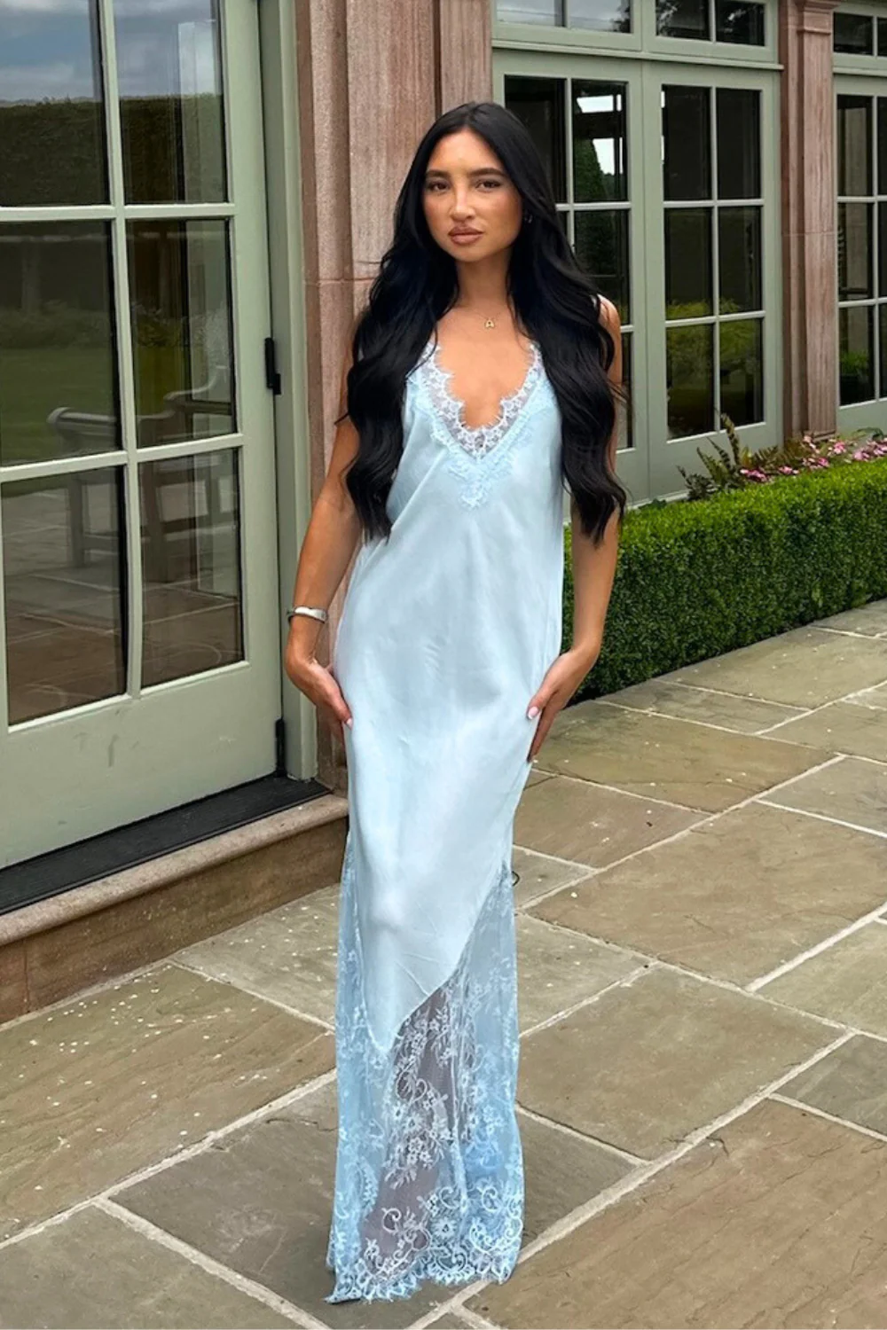 Tiah baby blue satin lace trim maxi dress - Image 3