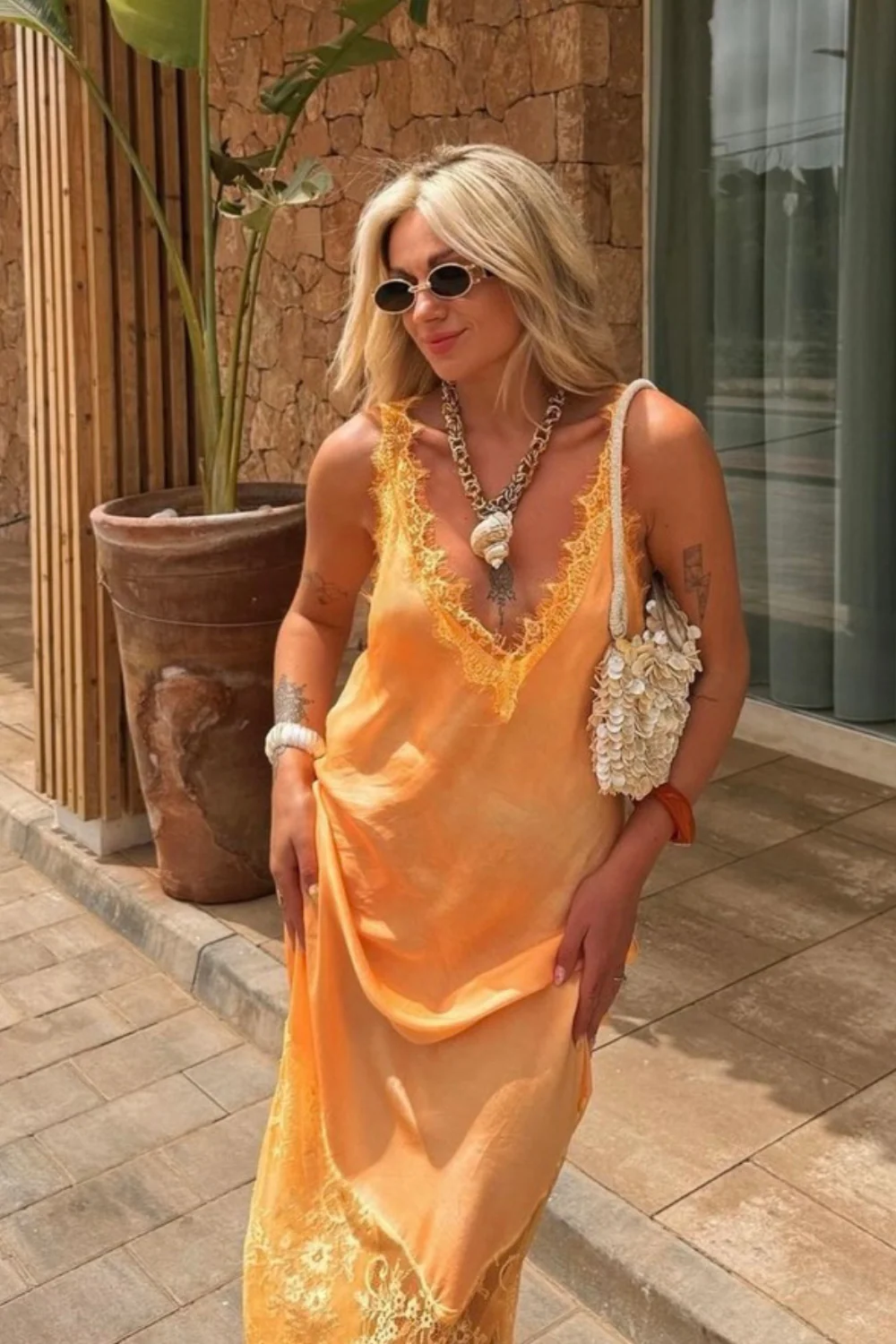 Tiah orange satin lace trim maxi dress