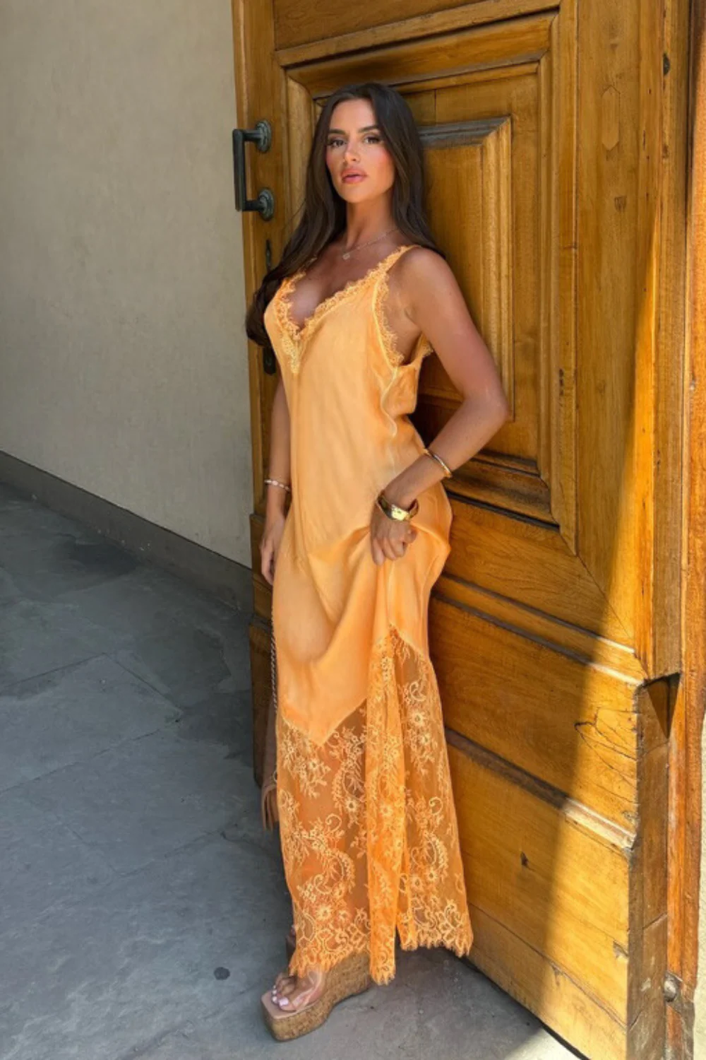 Tiah orange satin lace trim maxi dress - Image 3