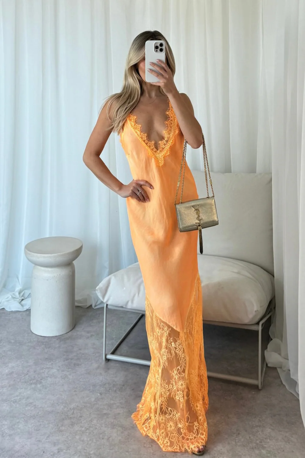 Tiah orange satin lace trim maxi dress - Image 5