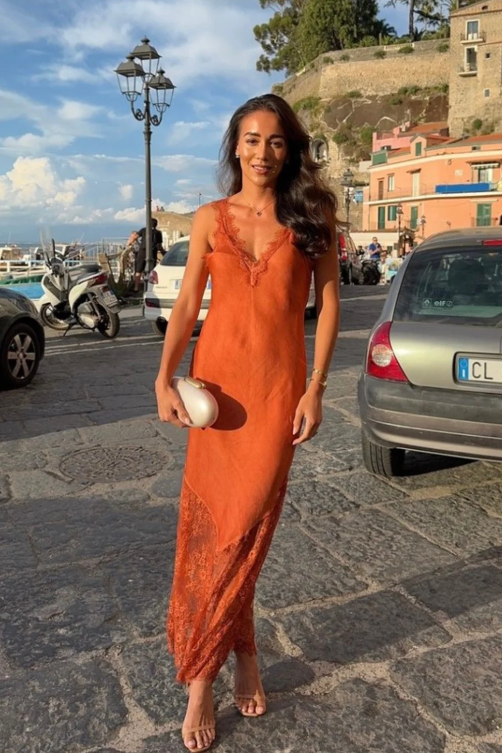 Tiah rust orange satin lace trim maxi dress - Image 6