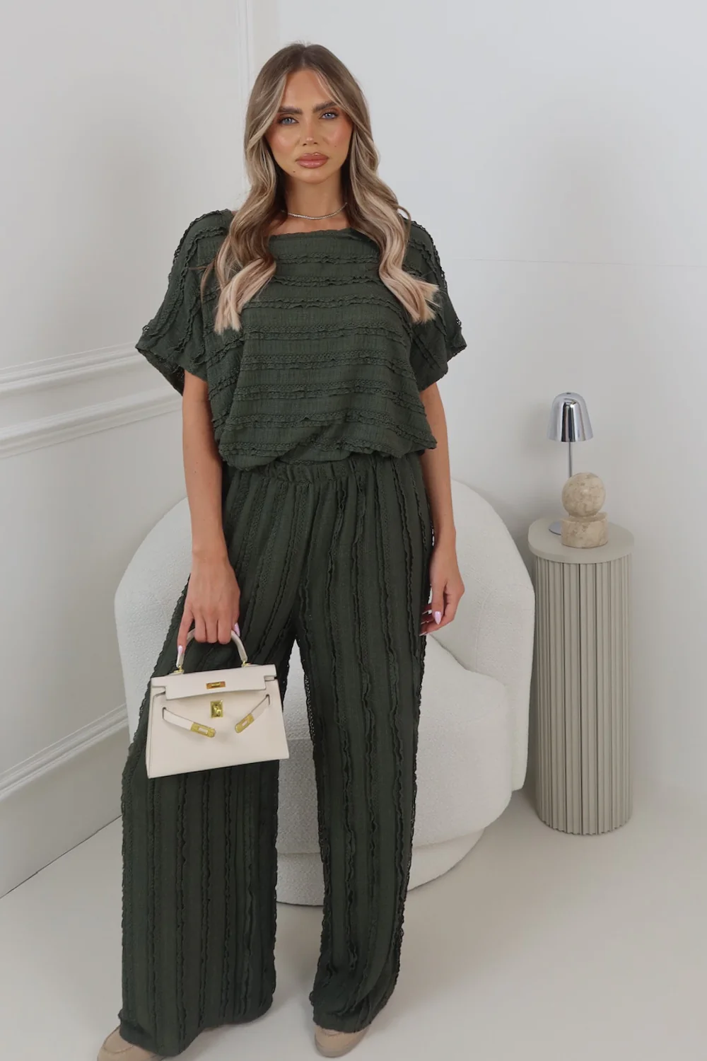 TIFFANY KHAKI RUFFLE TOP AND TROUSER CO ORD TWO PIECE SET