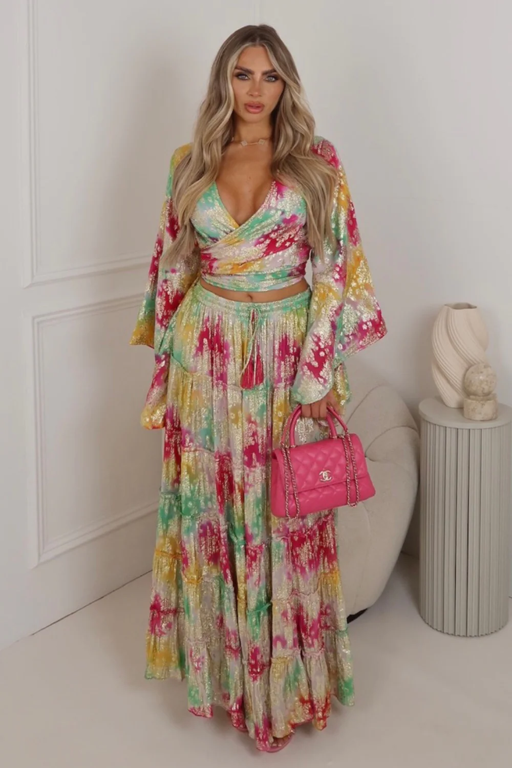 Tilly multi colour tie dye flared sleeve boho top & maxi skirt co ord